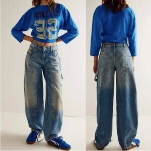 FREE PEOPLE WE THE FREE WOMENS LOREN CARPENTER BARREL JEANS DENIM SIZE 30 BLUE